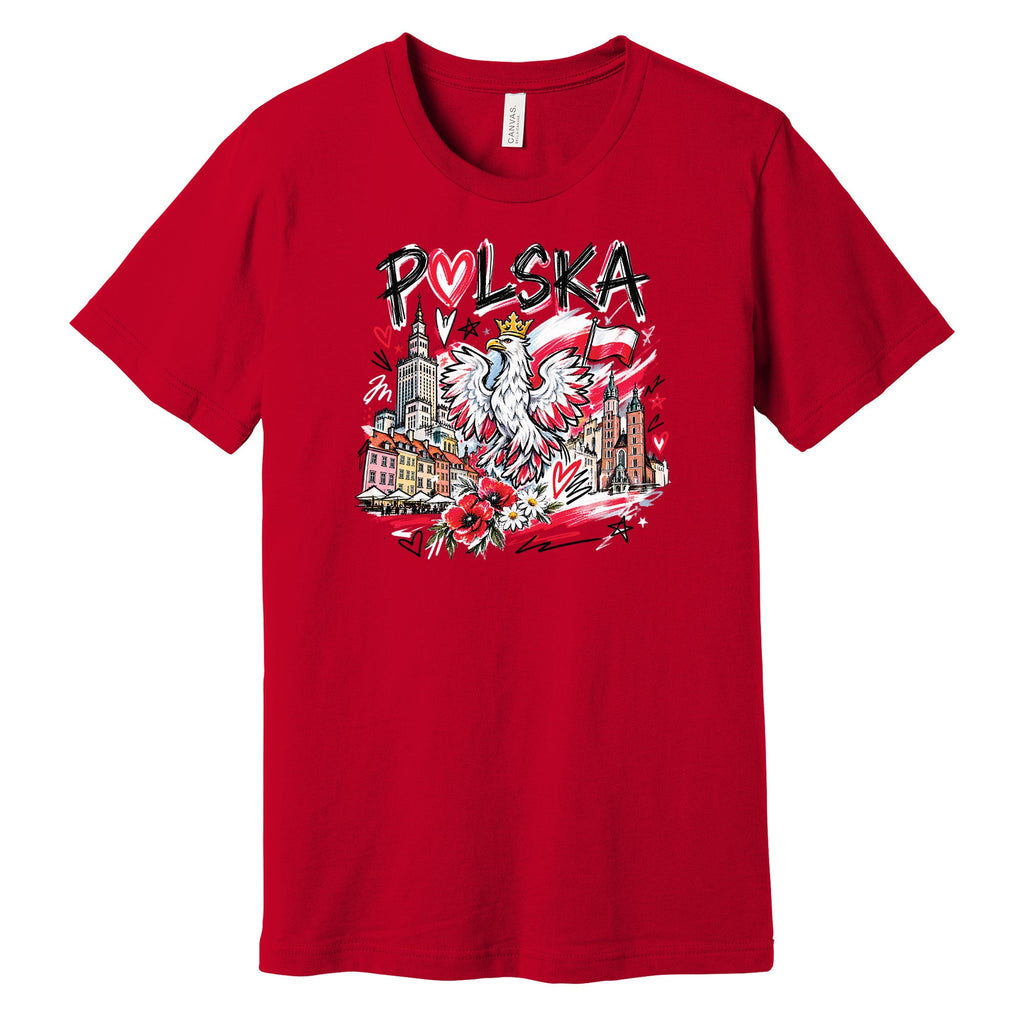 Polska crowned eagle Warsaw Krakow design on red Polish t-shirt