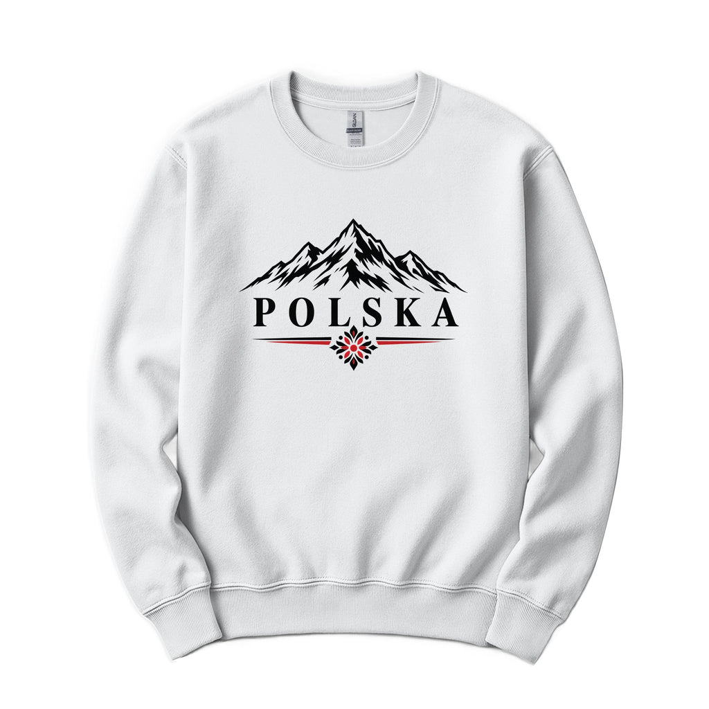 Polska mountains and folk flower design on white Polish crewneck sweatshirt