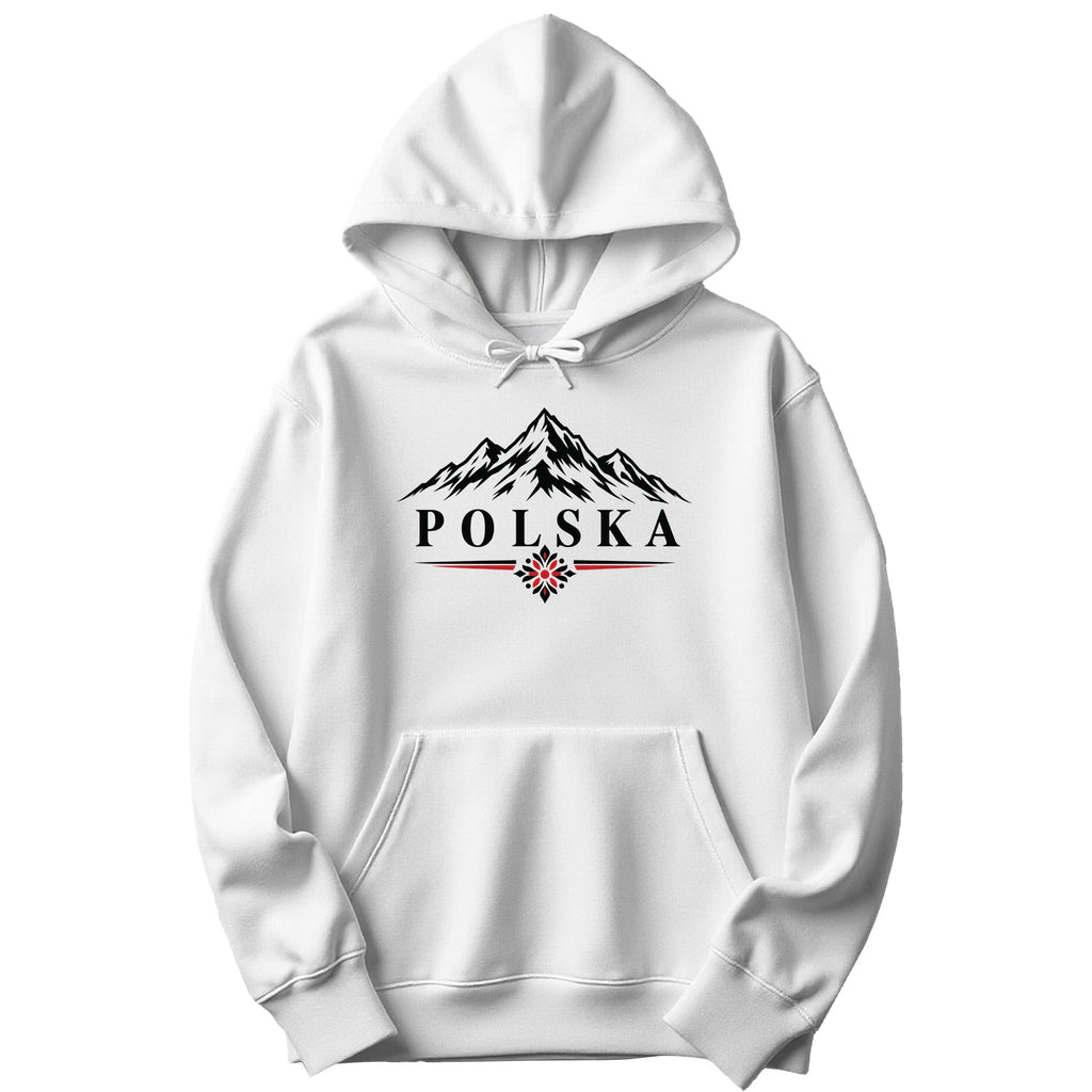 Polska mountains and folk flower design on white Polish hoodie