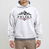 Polska mountains and folk flower design on white Polish hoodie, lifestyle photo