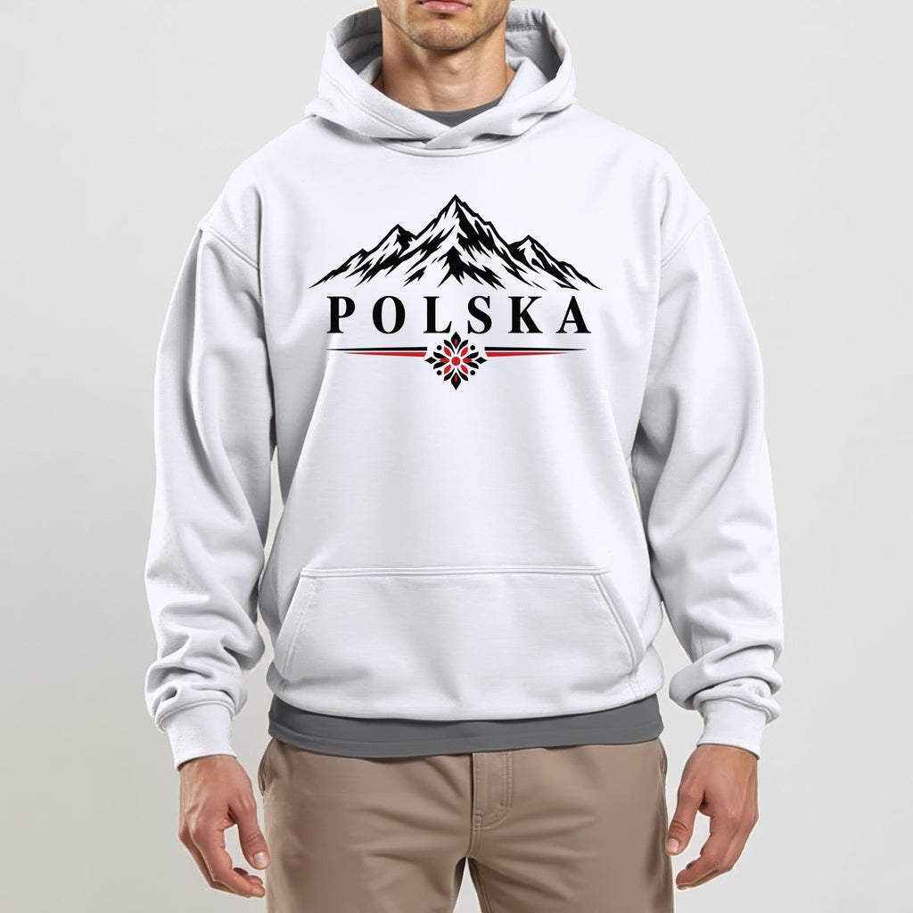 Polska mountains and folk flower design on white Polish hoodie, lifestyle photo