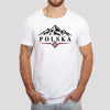 Polska mountains and folk flower design on white Polish t-shirt, lifestyle photo