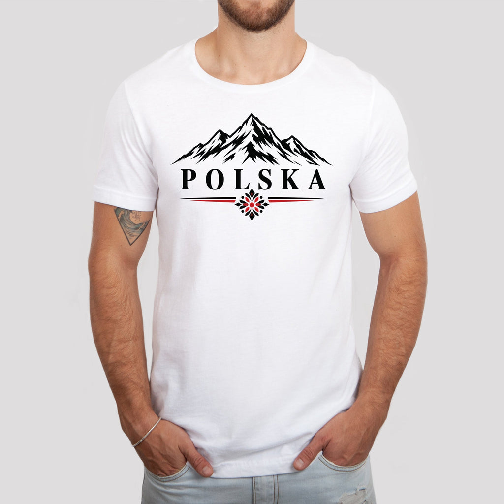 Polska mountains and folk flower design on white Polish t-shirt, lifestyle photo