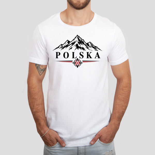 Polska mountains and folk flower design on white Polish t-shirt, lifestyle photo