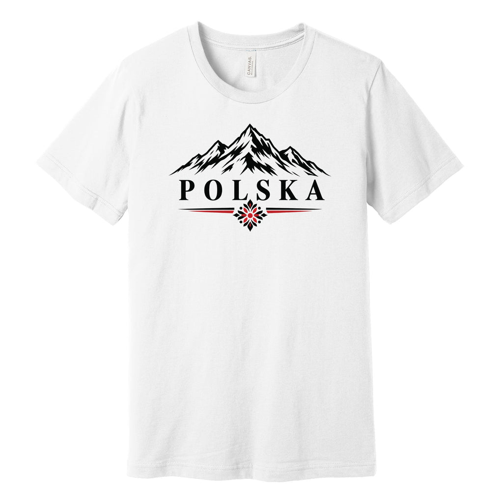Polska mountains and folk flower design on white Polish t-shirt