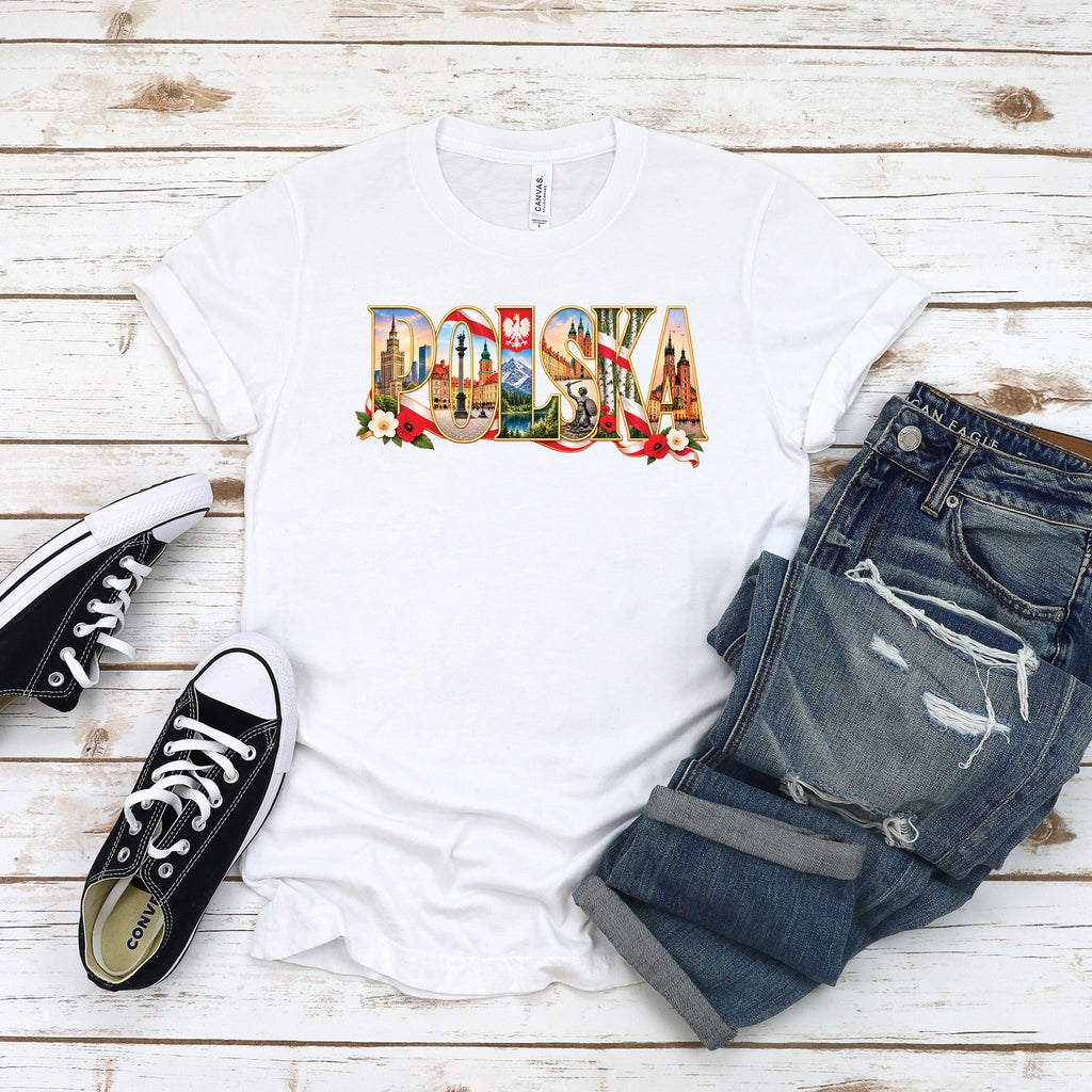 Polska landmarks letters Polish t-shirt on woman