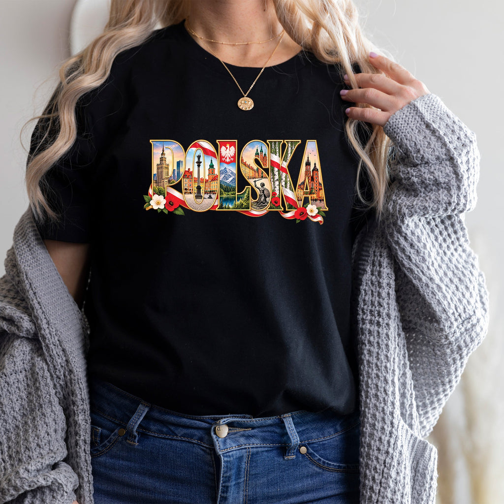 Lifestyle mockup of Polska Landmarks Warsaw, Krakow, Tatra Mountains and Eagle T-shirt, crewneck and hoodie