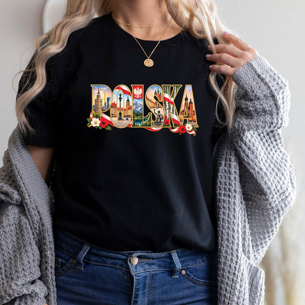 Lifestyle mockup of Polska Landmarks Warsaw, Krakow, Tatra Mountains and Eagle T-shirt, crewneck and hoodie