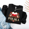 Lifestyle mockup of Polska Heart Gold Folk Floral Polish T-shirt, crewneck and hoodie