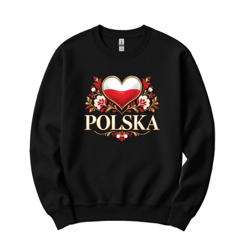 Polska gold heart folk flowers Polish crewneck sweatshirt in black