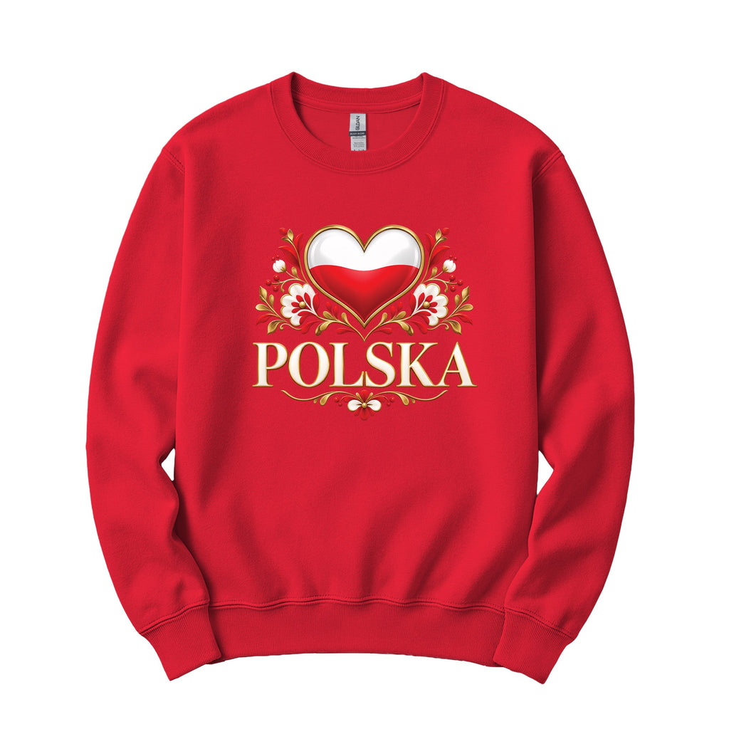 Polska gold heart folk flowers Polish crewneck sweatshirt in red