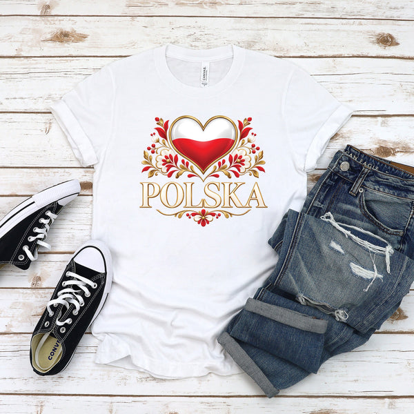 Polska gold heart folk flowers Polish t-shirt on woman
