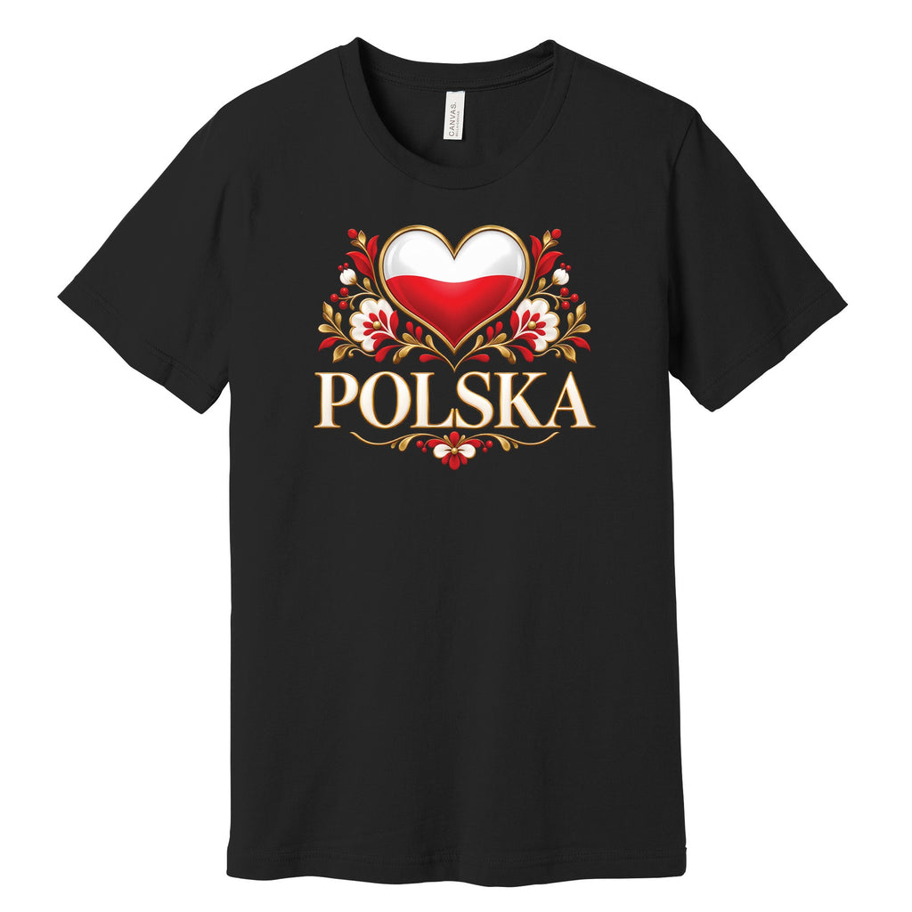 Polska gold heart folk flowers Polish t-shirt in black