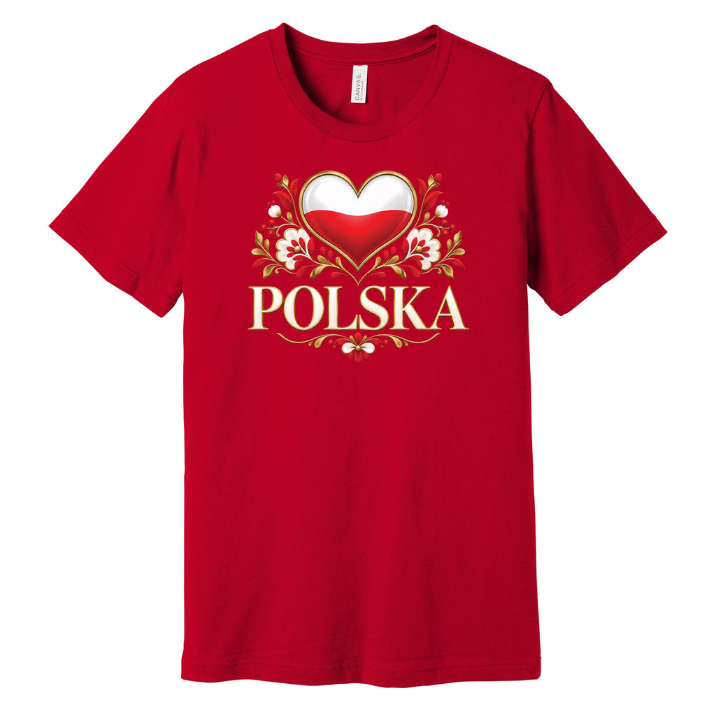 Polska gold heart folk flowers Polish t-shirt in red