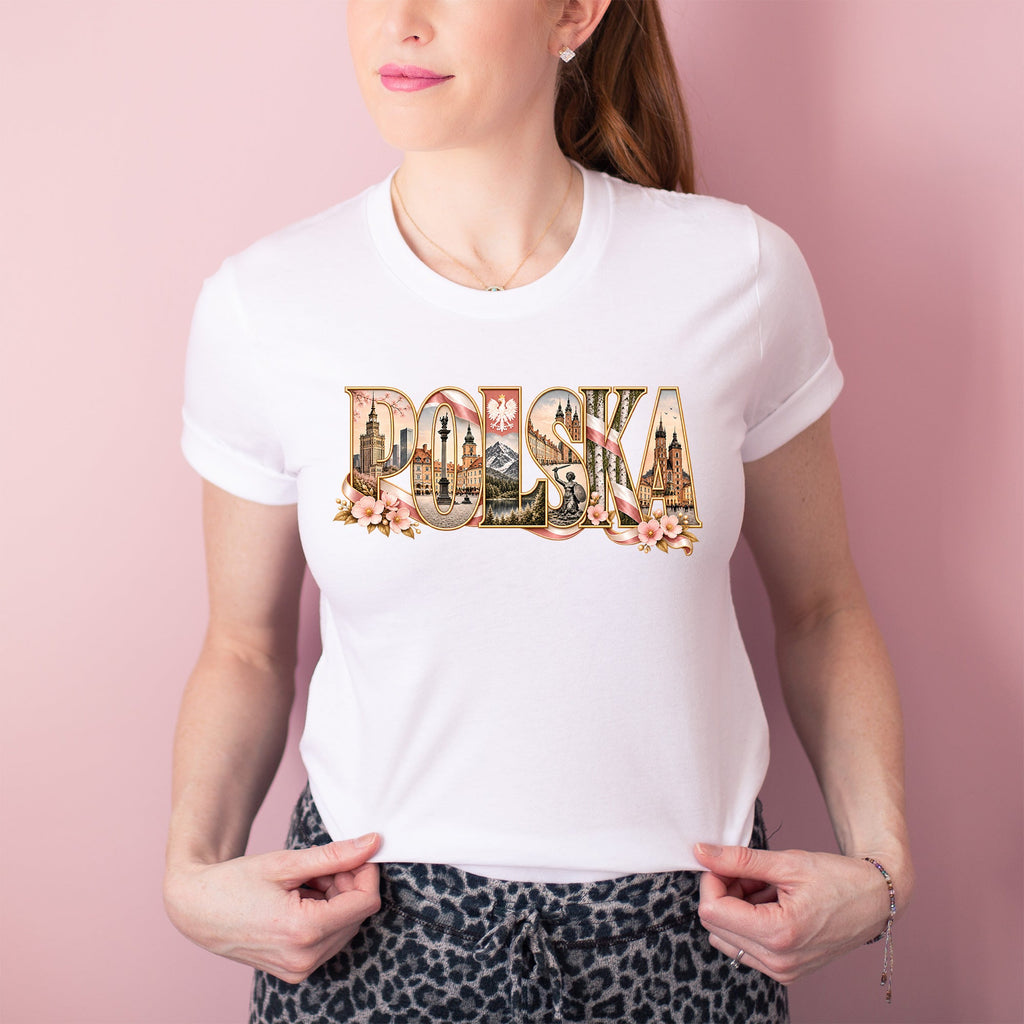 Lifestyle mockup of Polska Blush Landmarks Polish T-shirt, crewneck and hoodie