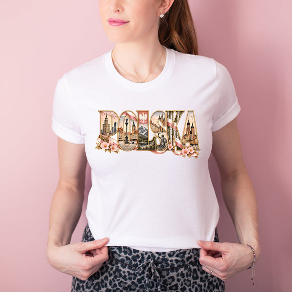 Lifestyle mockup of Polska Blush Landmarks Polish T-shirt, crewneck and hoodie