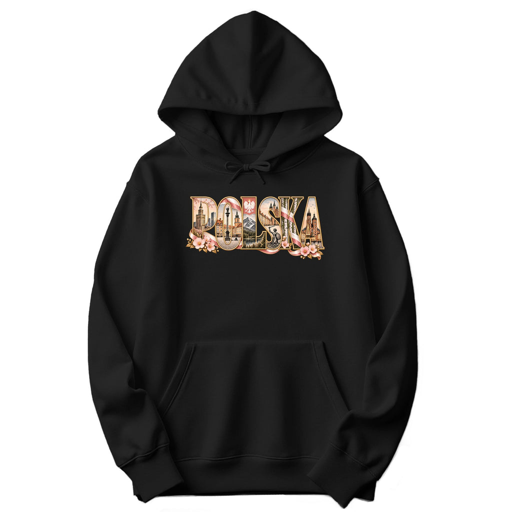Polska blush pink landmarks letters Polish hoodie in black