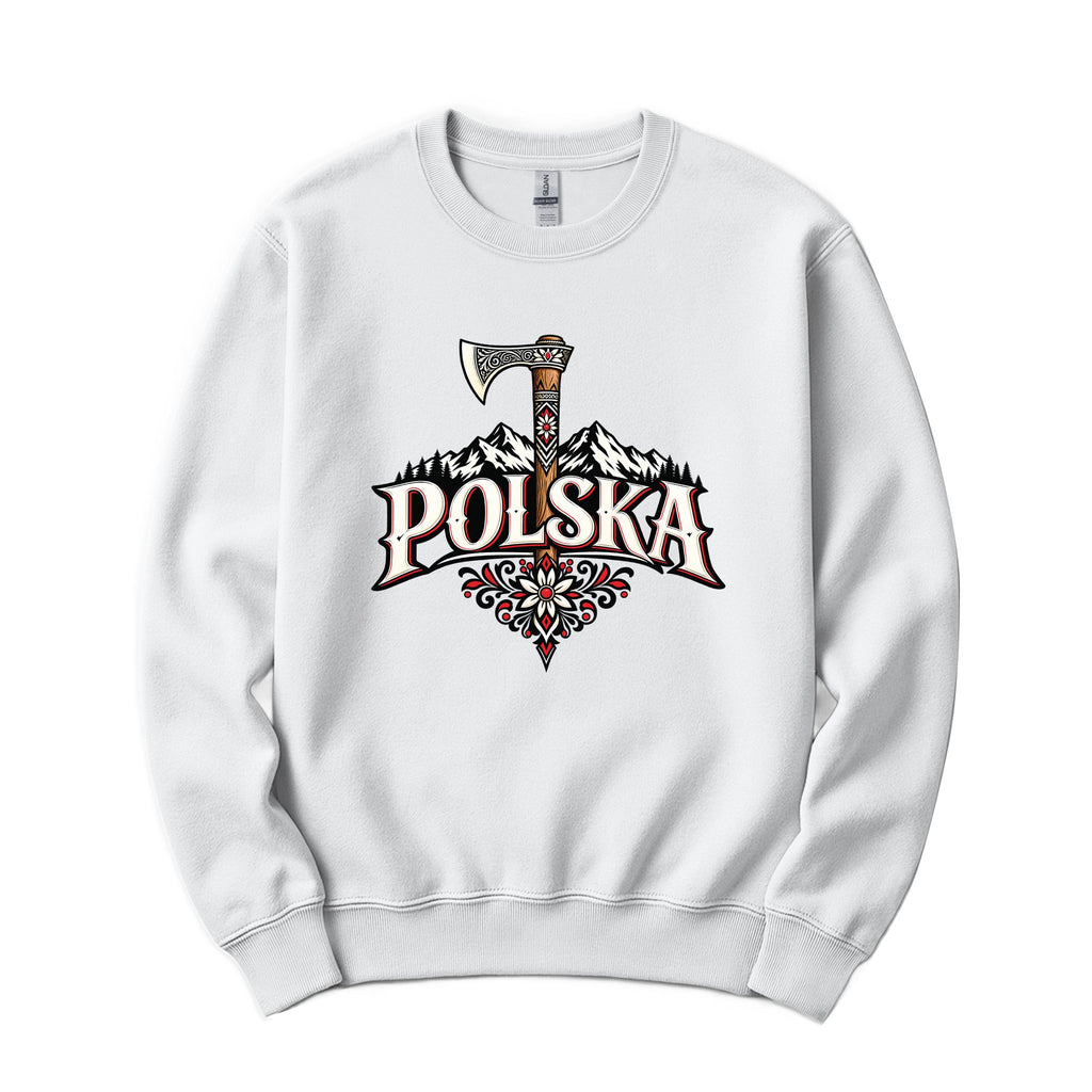 Polska Highlander axe and mountains Polish crewneck sweatshirt in white