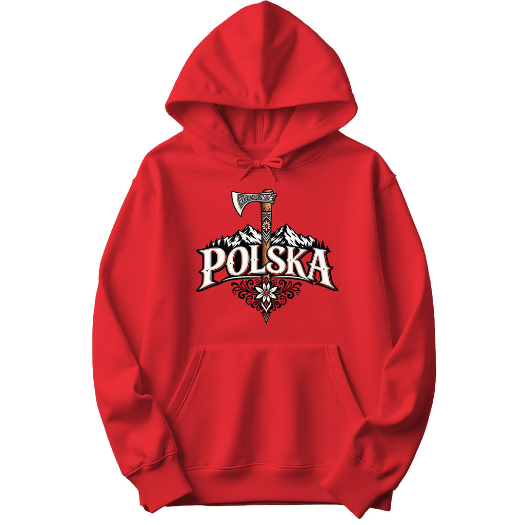 Polska Highlander axe and mountains Polish hoodie in red
