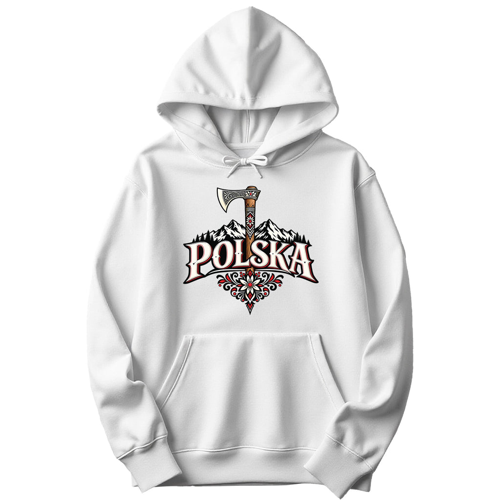 Polska Highlander axe and mountains Polish hoodie in white