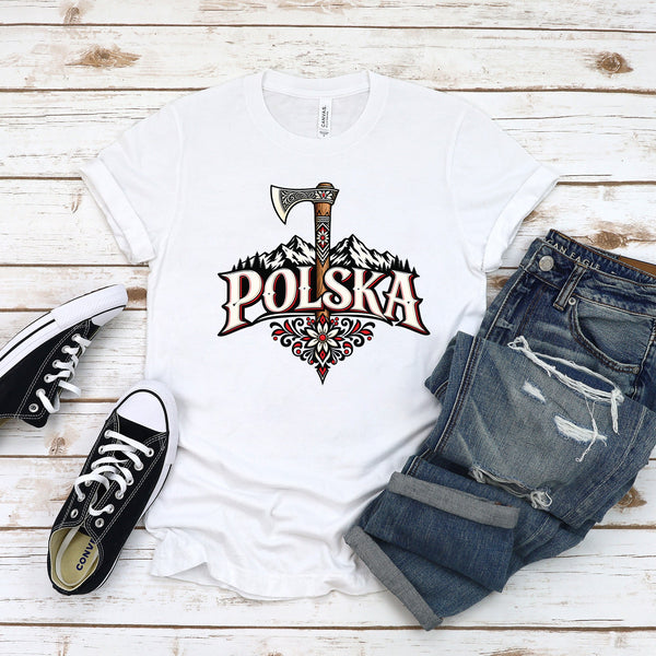 Polska Highlander axe and mountains Polish t-shirt on woman