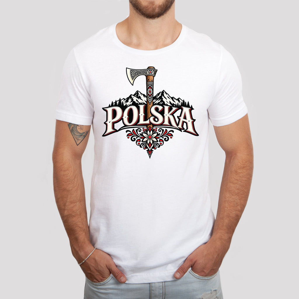 Polska Highlander axe and mountains Polish t-shirt lifestyle photo