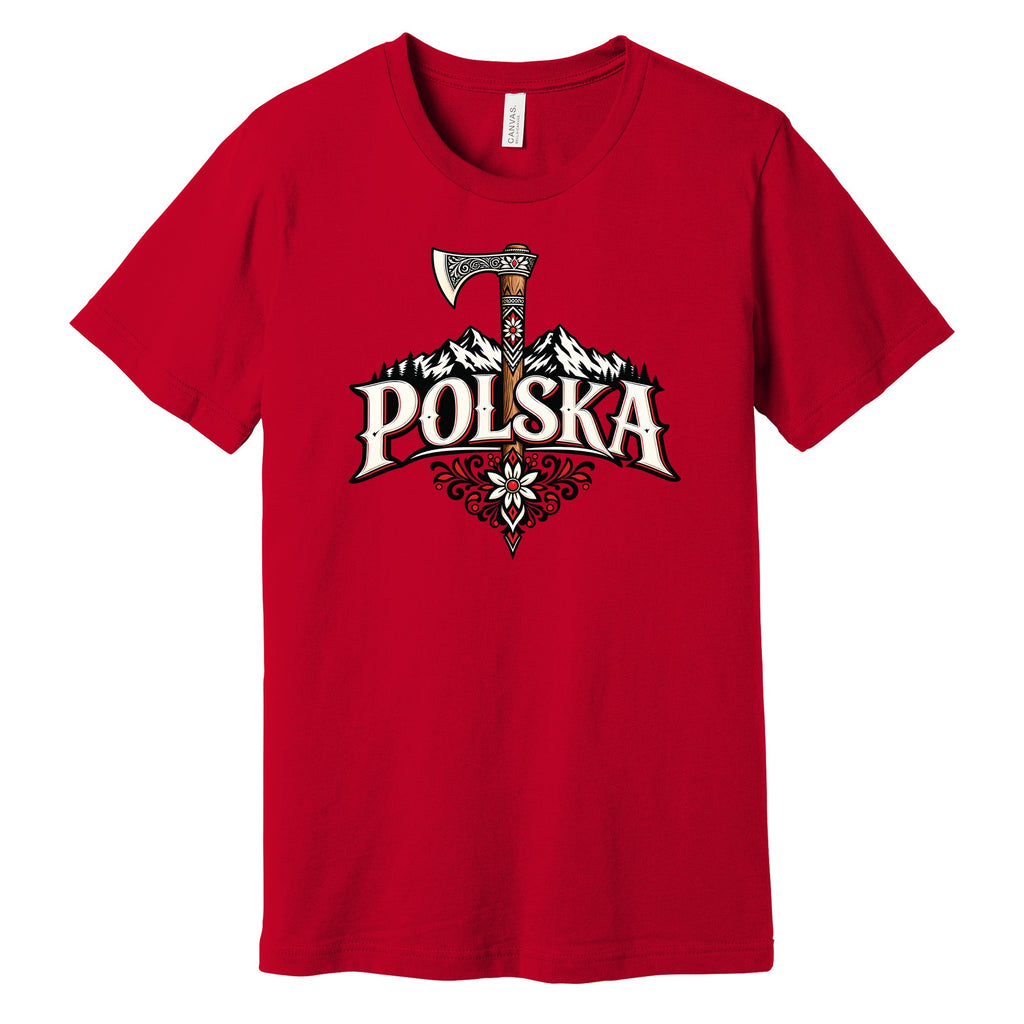 Polska Highlander axe and mountains Polish t-shirt in red