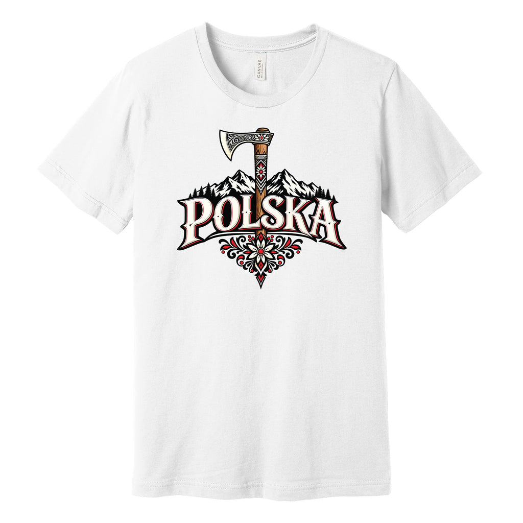 Polska Highlander axe and mountains Polish t-shirt in white