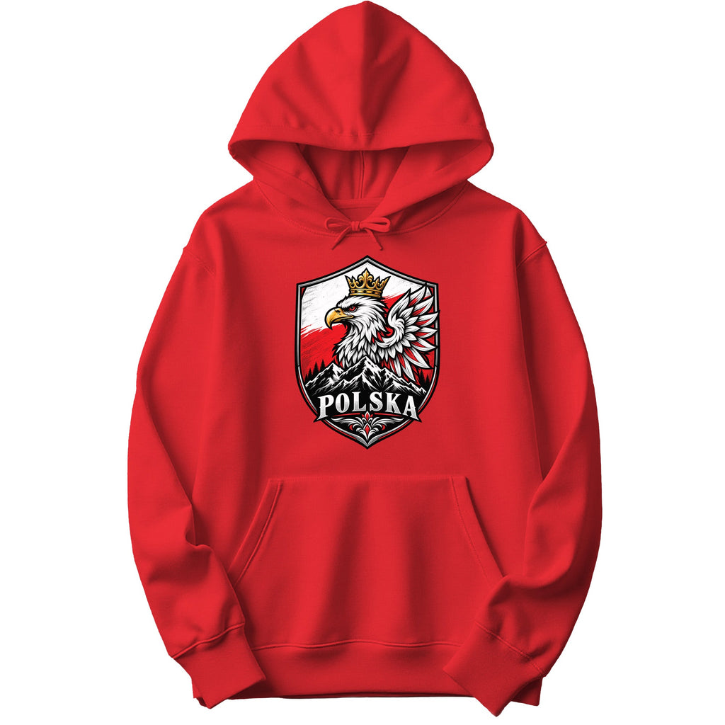 Polska crowned eagle shield with mountains Polish hoodie in red