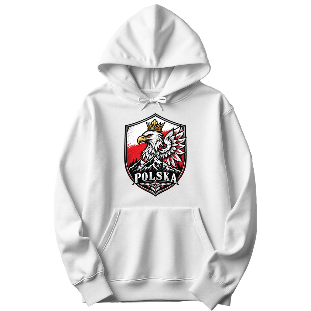 Polska crowned eagle shield with mountains Polish hoodie in white