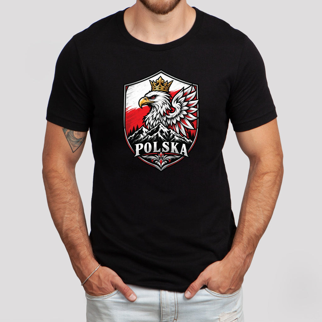 Polska crowned eagle shield with mountains Polish t-shirt lifestyle photo