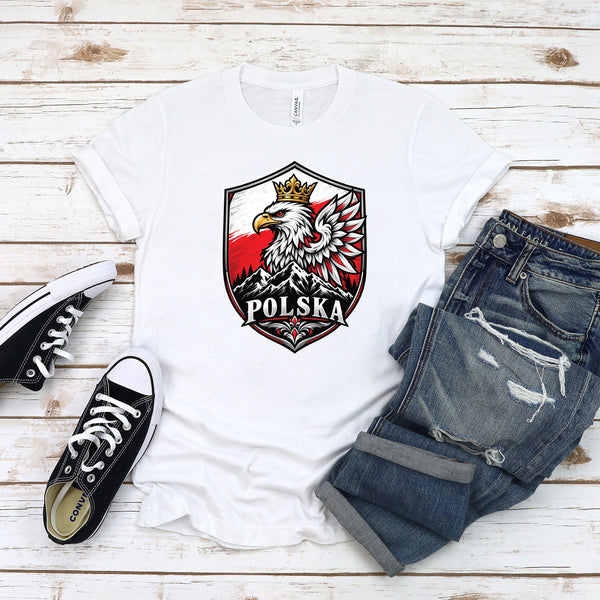 Polska crowned eagle shield with mountains Polish t-shirt on woman