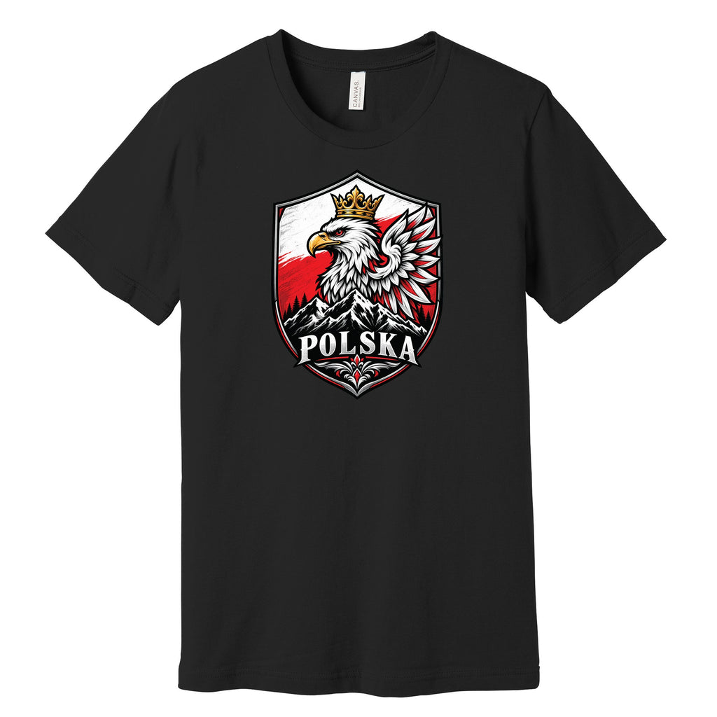 Polska crowned eagle shield with mountains Polish t-shirt in black
