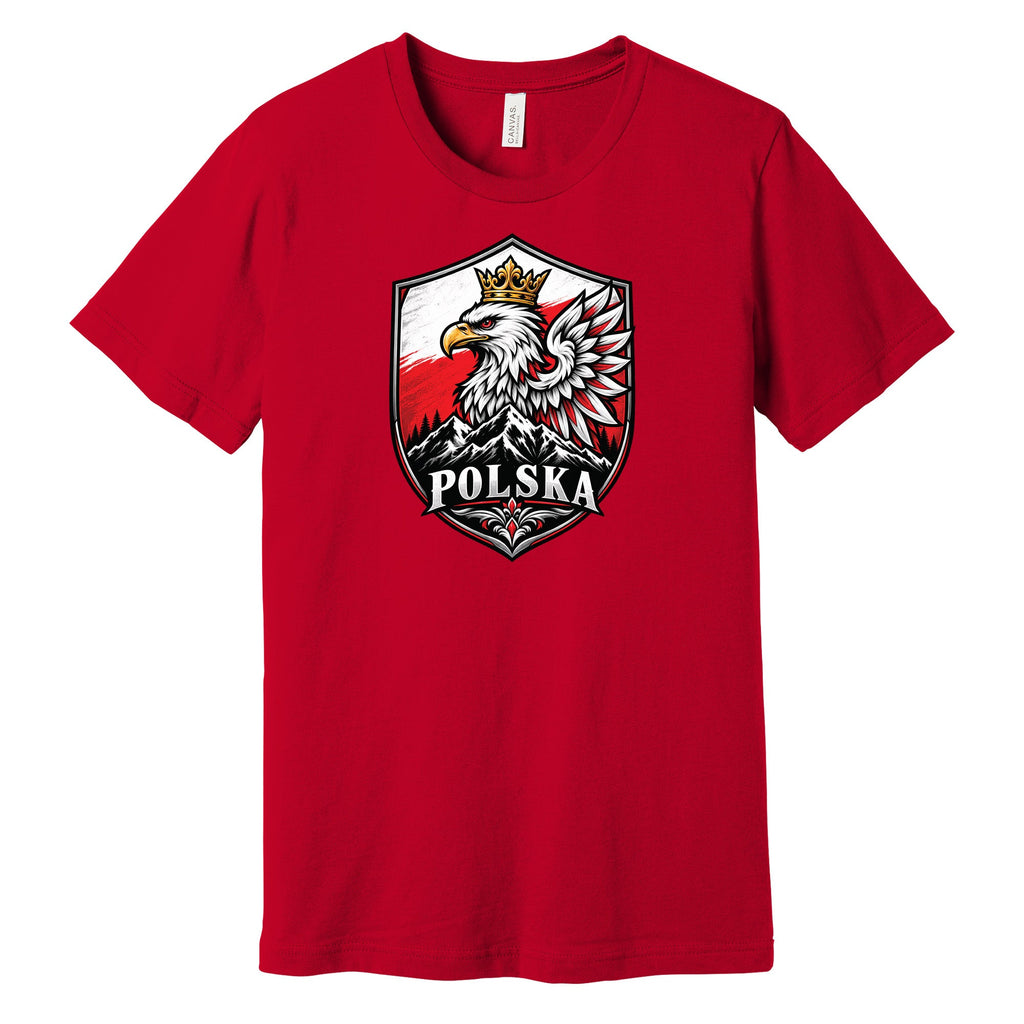 Polska crowned eagle shield with mountains Polish t-shirt in red