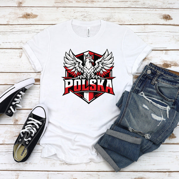 Polska winged eagle shield Polish t-shirt on woman