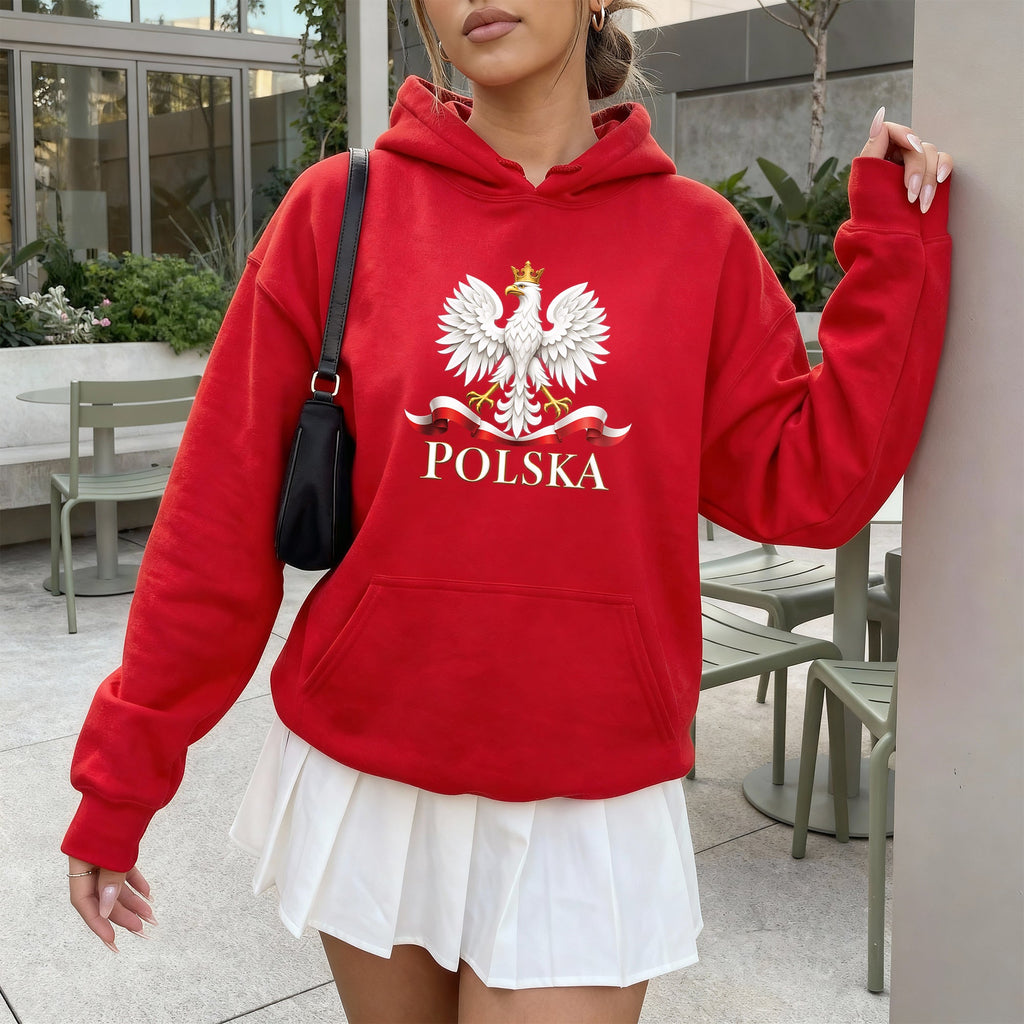 Lifestyle mockup of Polska White Eagle Gold Crown Polish T-shirt, crewneck and hoodie