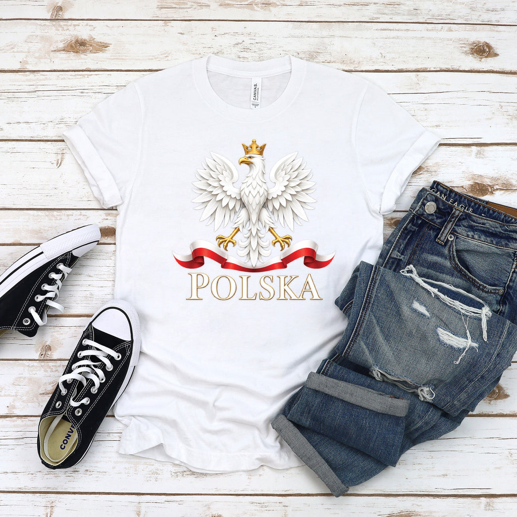 Polska white crowned eagle with flag ribbon Polish t-shirt on woman
