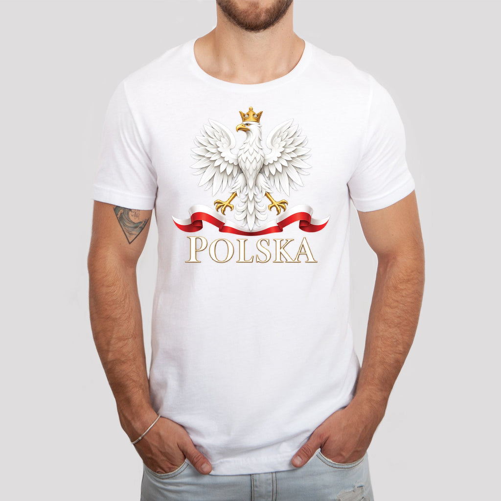 Polska white crowned eagle with flag ribbon Polish t-shirt lifestyle photo
