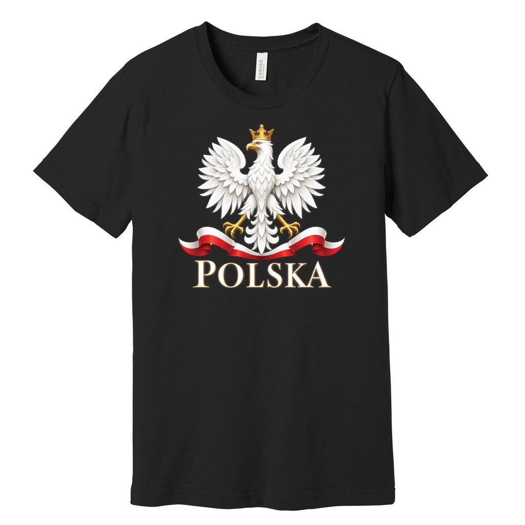 Polska white crowned eagle with flag ribbon Polish t-shirt in black