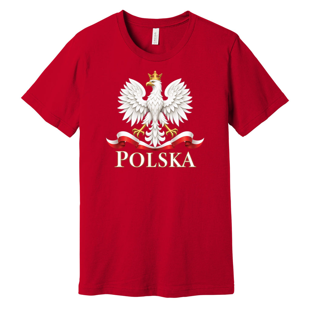 Polska white crowned eagle with flag ribbon Polish t-shirt in red