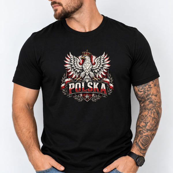 Lifestyle mockup of Polska Eagle Shield Distressed Crowned Eagle T-shirt, crewneck and hoodie