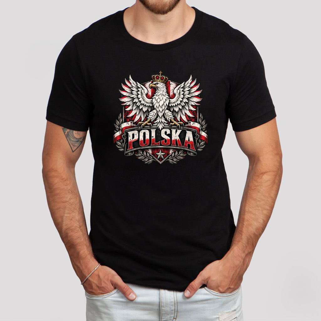 Polska distressed crowned eagle shield Polish t-shirt black lifestyle photo