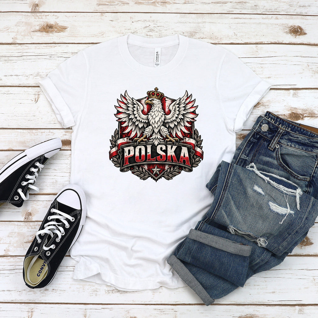Polska distressed crowned eagle shield with laurel wreath Polish t-shirt on woman