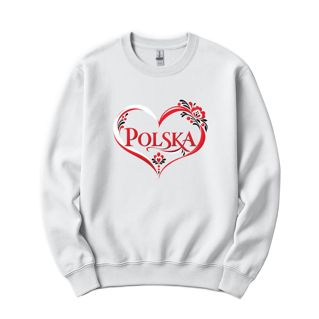 Polska red swirl heart with folk flowers Polish crewneck sweatshirt in white