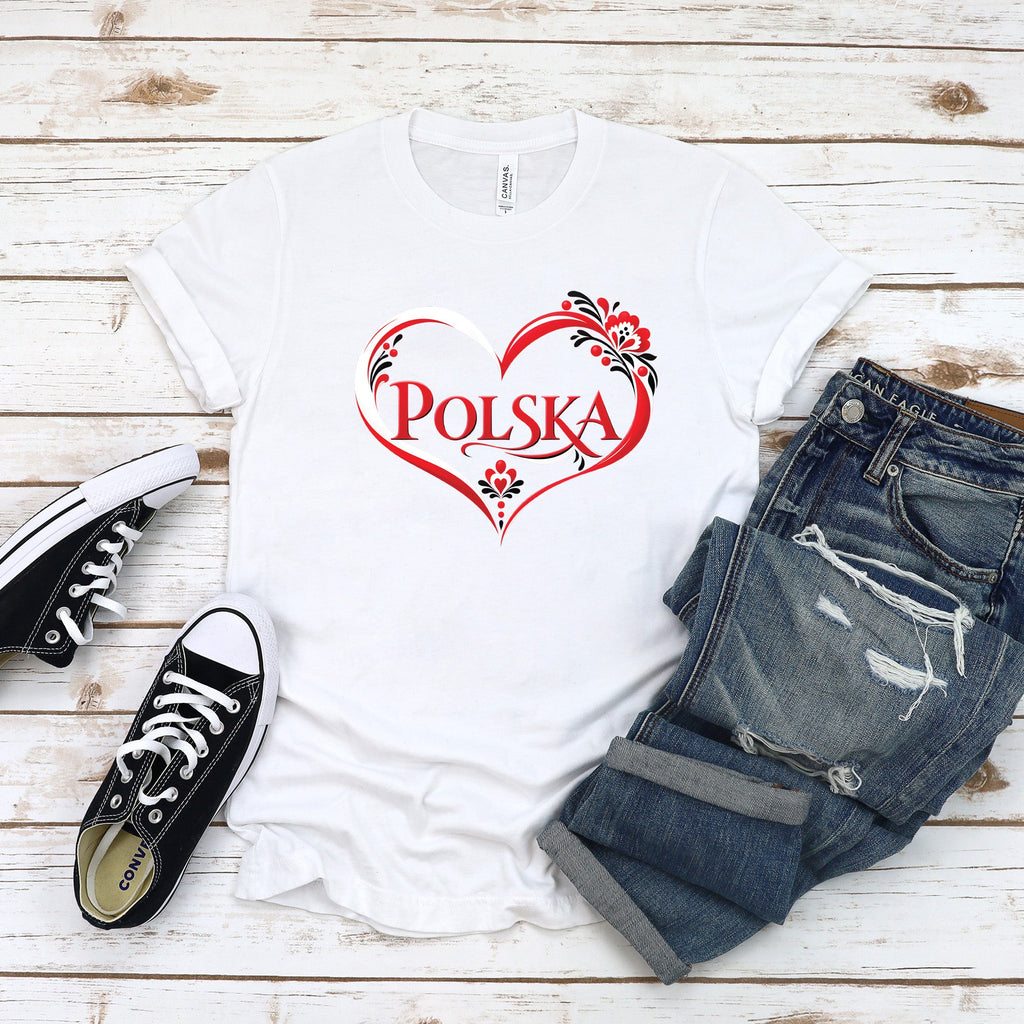 Polska red swirl heart with folk flowers Polish t-shirt on woman