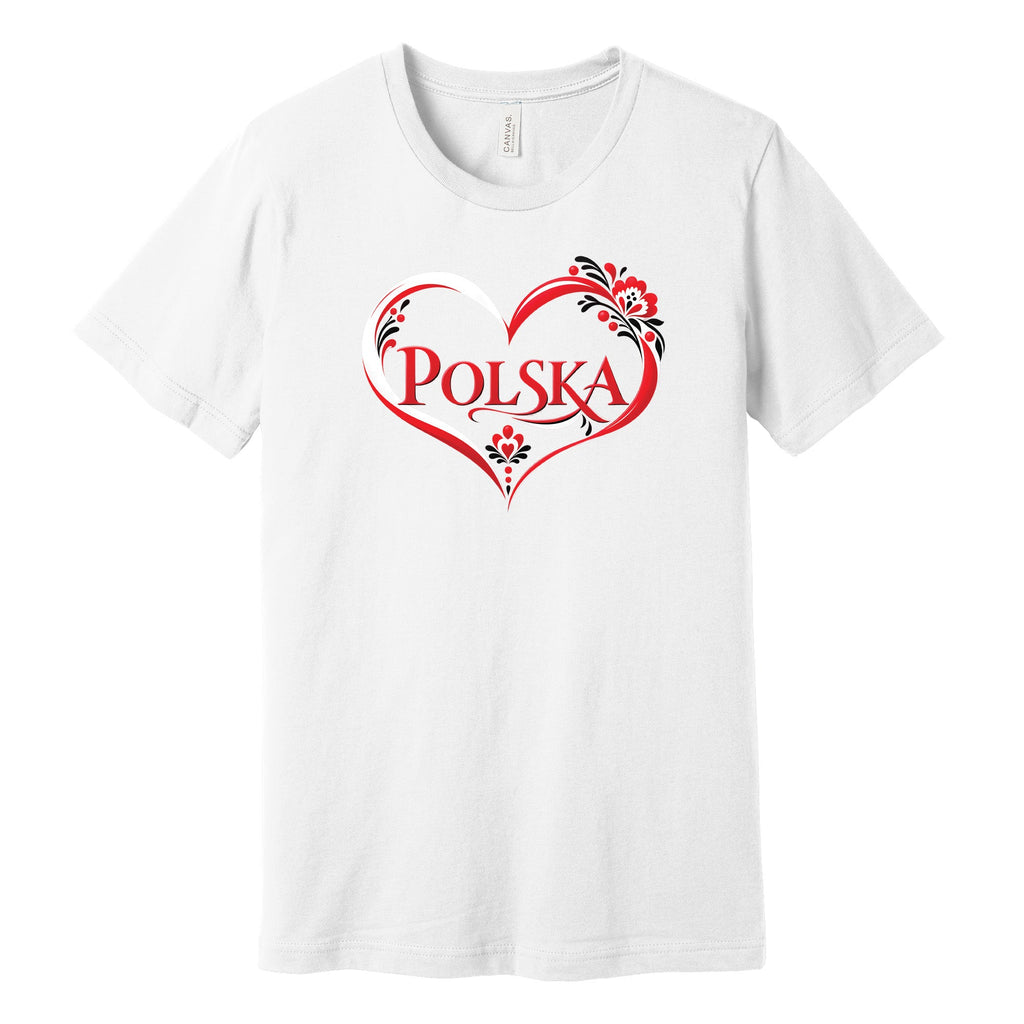 Polska red swirl heart with folk flowers Polish t-shirt in white