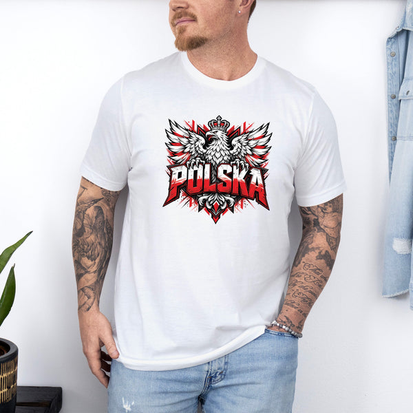 Lifestyle mockup of Polska Graffiti Crowned Eagle Polish T-shirt, crewneck and hoodie