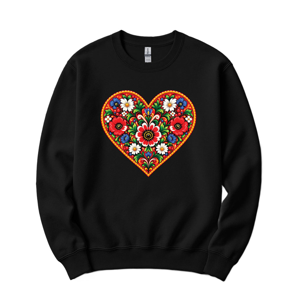 Polish colorful folk flower heart crewneck sweatshirt in black