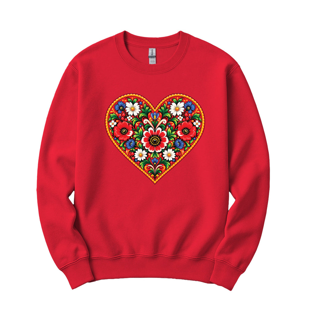 Polish colorful folk flower heart crewneck sweatshirt in red