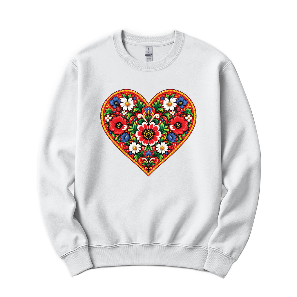 Polish colorful folk flower heart crewneck sweatshirt in white